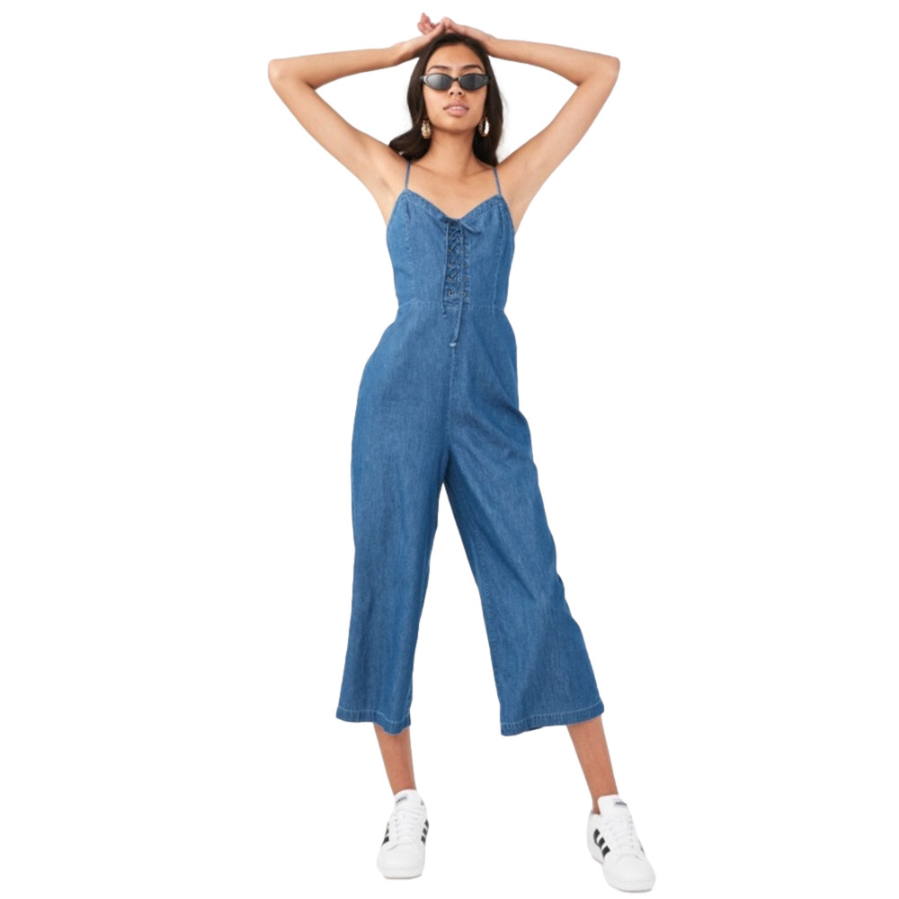 Aeropostale lace up denim jean jumper smocked wide leg size small cropped